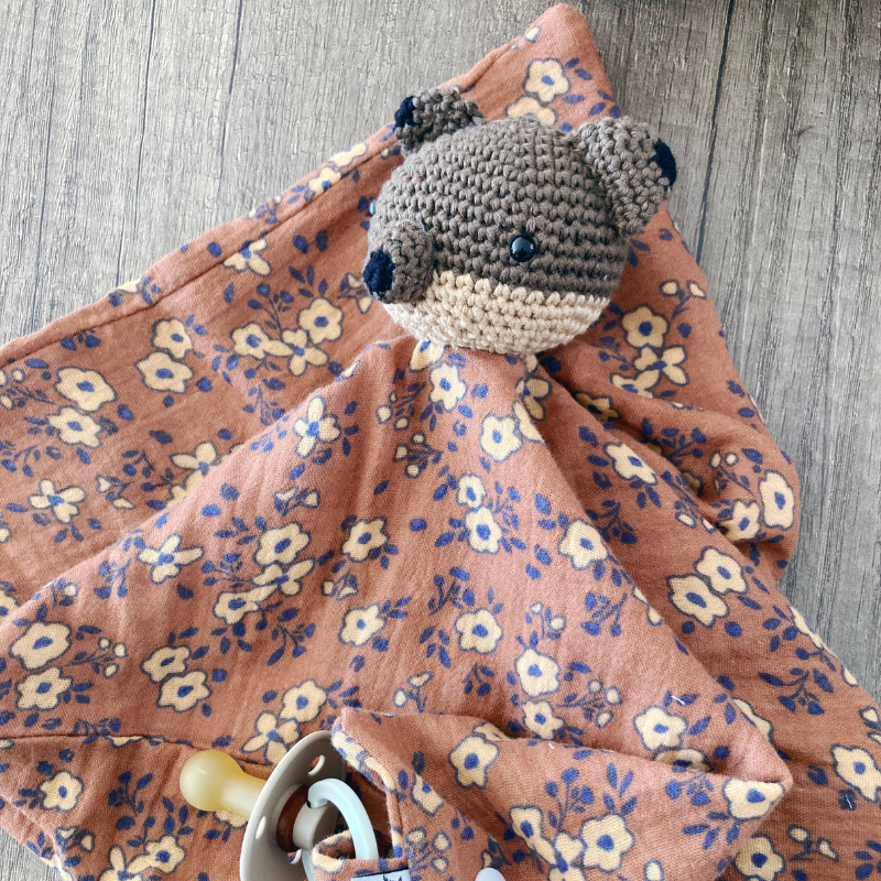Doudou Renard - Marron fleurs beige et violette