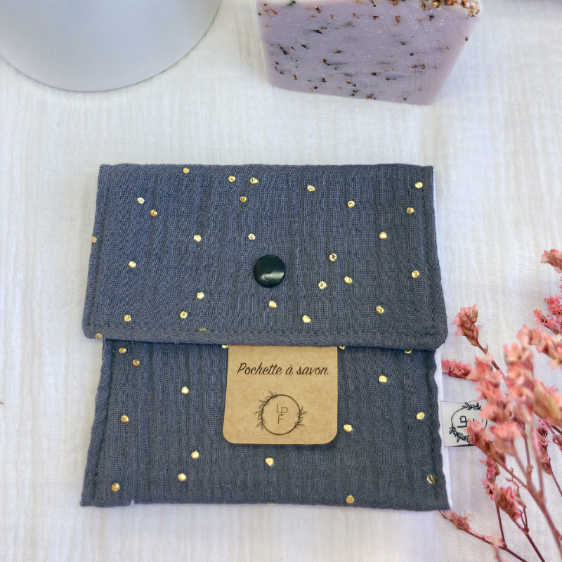 Pochette à Savon Imperméable – Gris à pois dorés