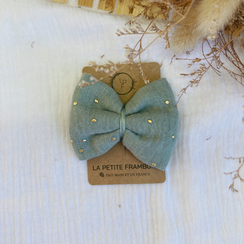 Barrette Nœud - Vert d'eau à pois dorés