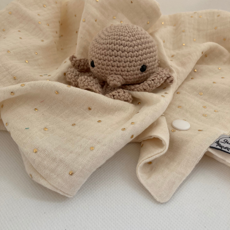 Doudou Pieuvre - Gaze de coton Écrue à pois dorés