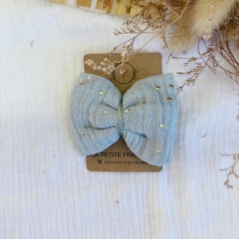 Barrette Nœud - Bleu glacial à pois dorés