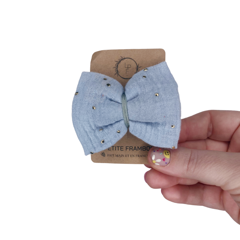 Barrette Nœud - Bleu glacial à pois dorés