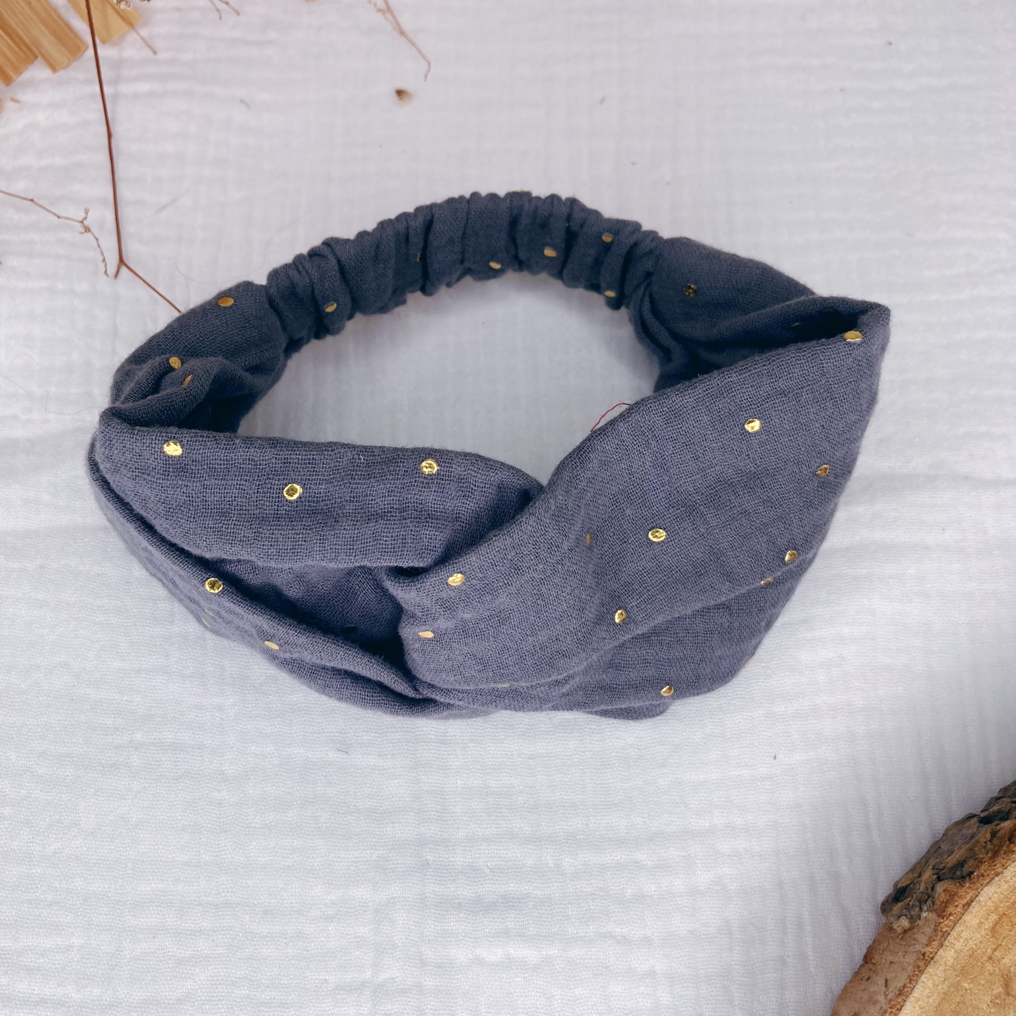 Headband twist naissance - Gris à pois dorés