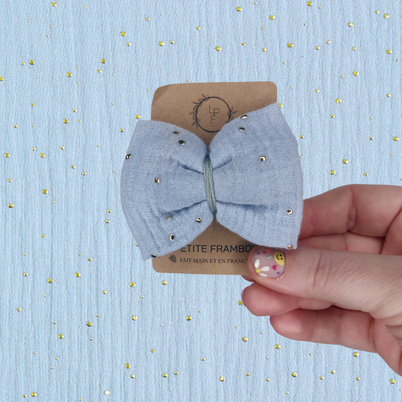 Barrette Nœud - Bleu glacial à pois dorés