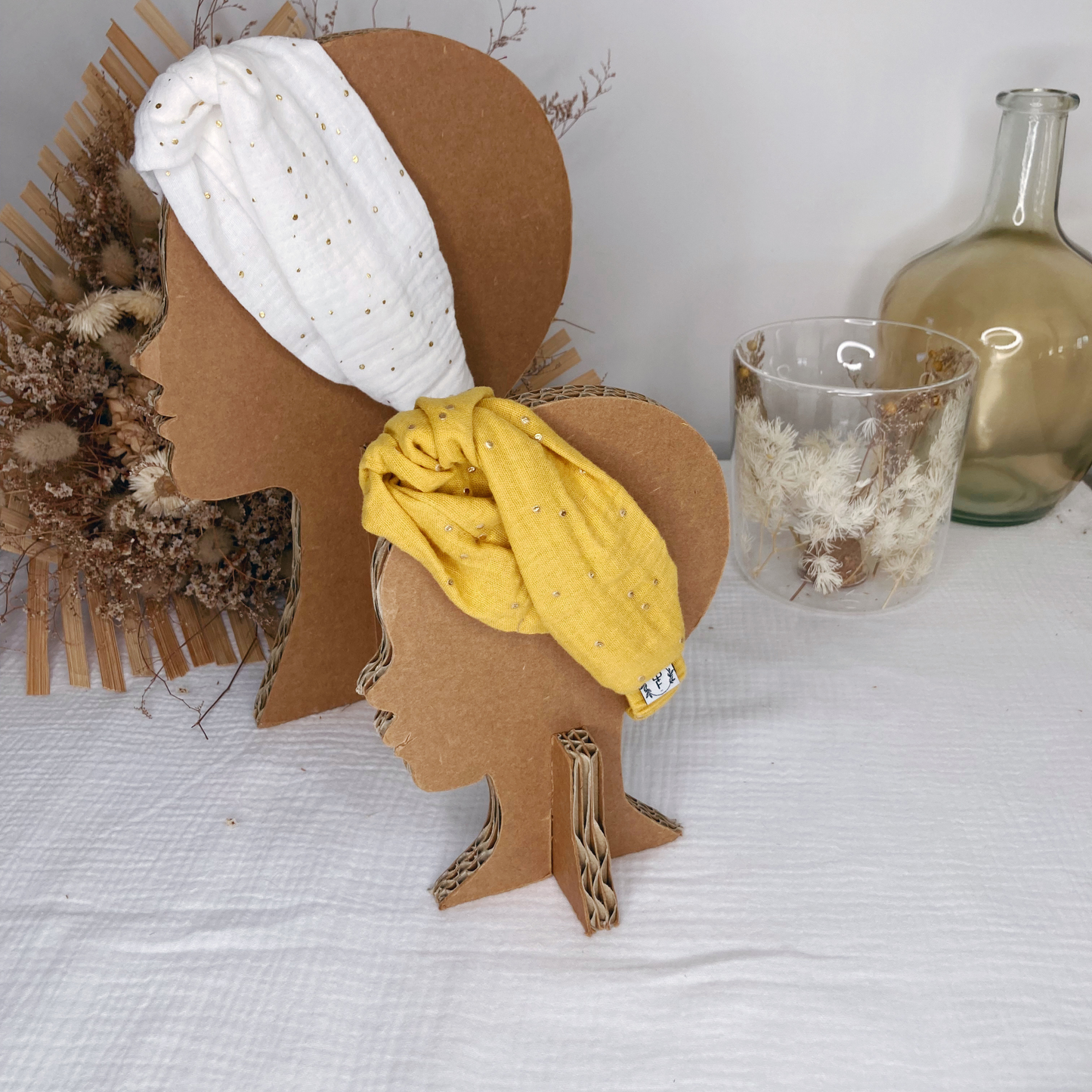 Headband twist naissance - Moutarde à pois dorés