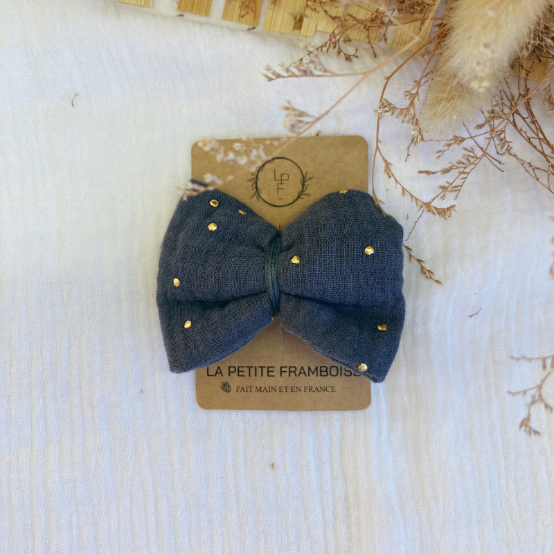 Barrette Nœud - Gris à pois dorés