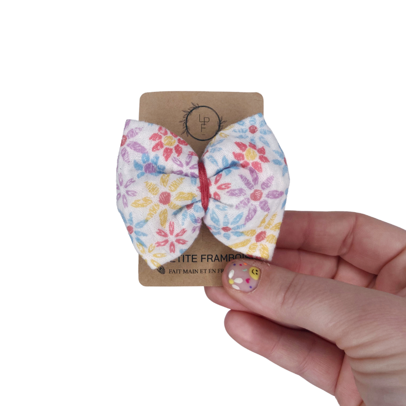 Barrette Nœud - Fleuri rose/violet/turquoise/jaune