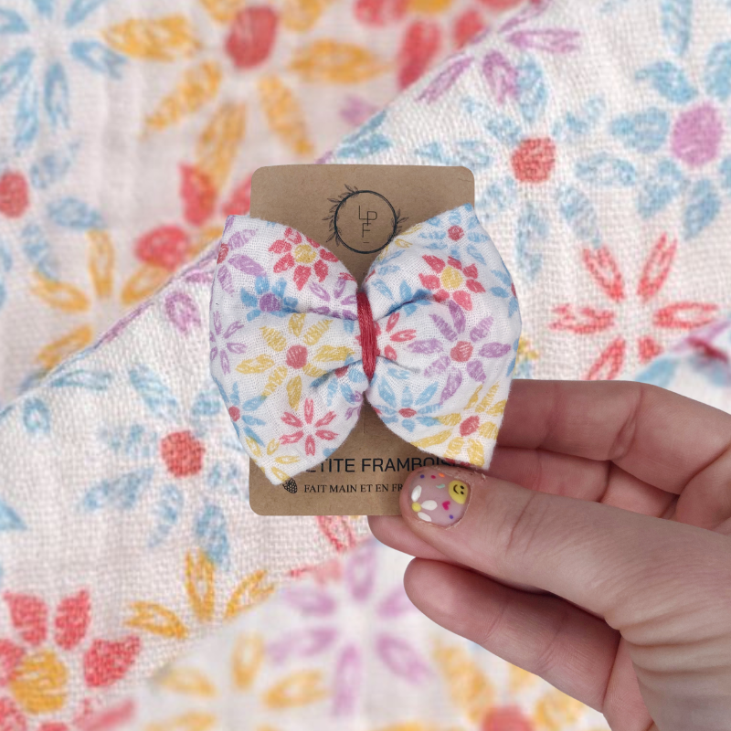 Barrette Nœud - Fleuri rose/violet/turquoise/jaune