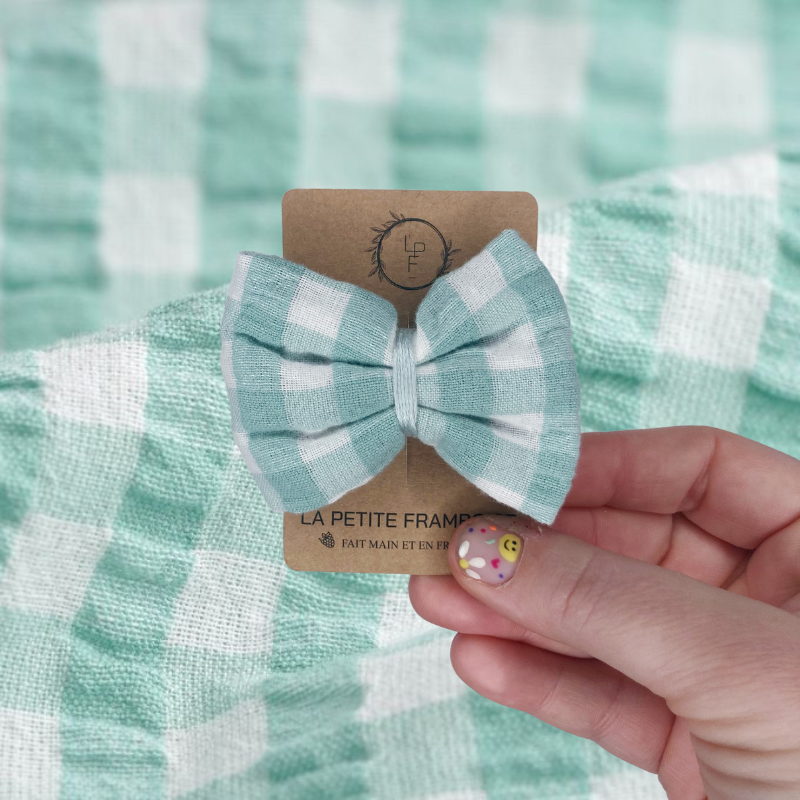 Barrette Nœud - Vichy turquoise