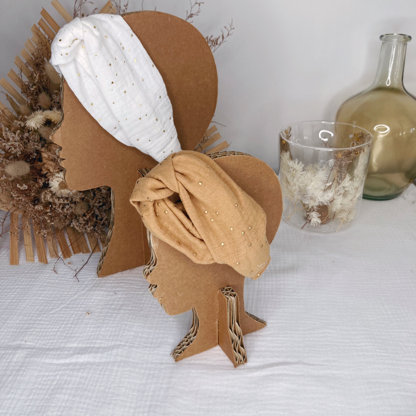Headband twist naissance - Camel à pois dorés