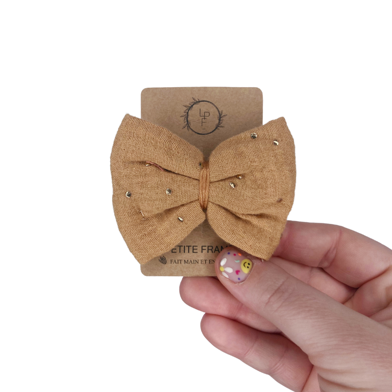 Barrette Nœud - Camel à pois dorés