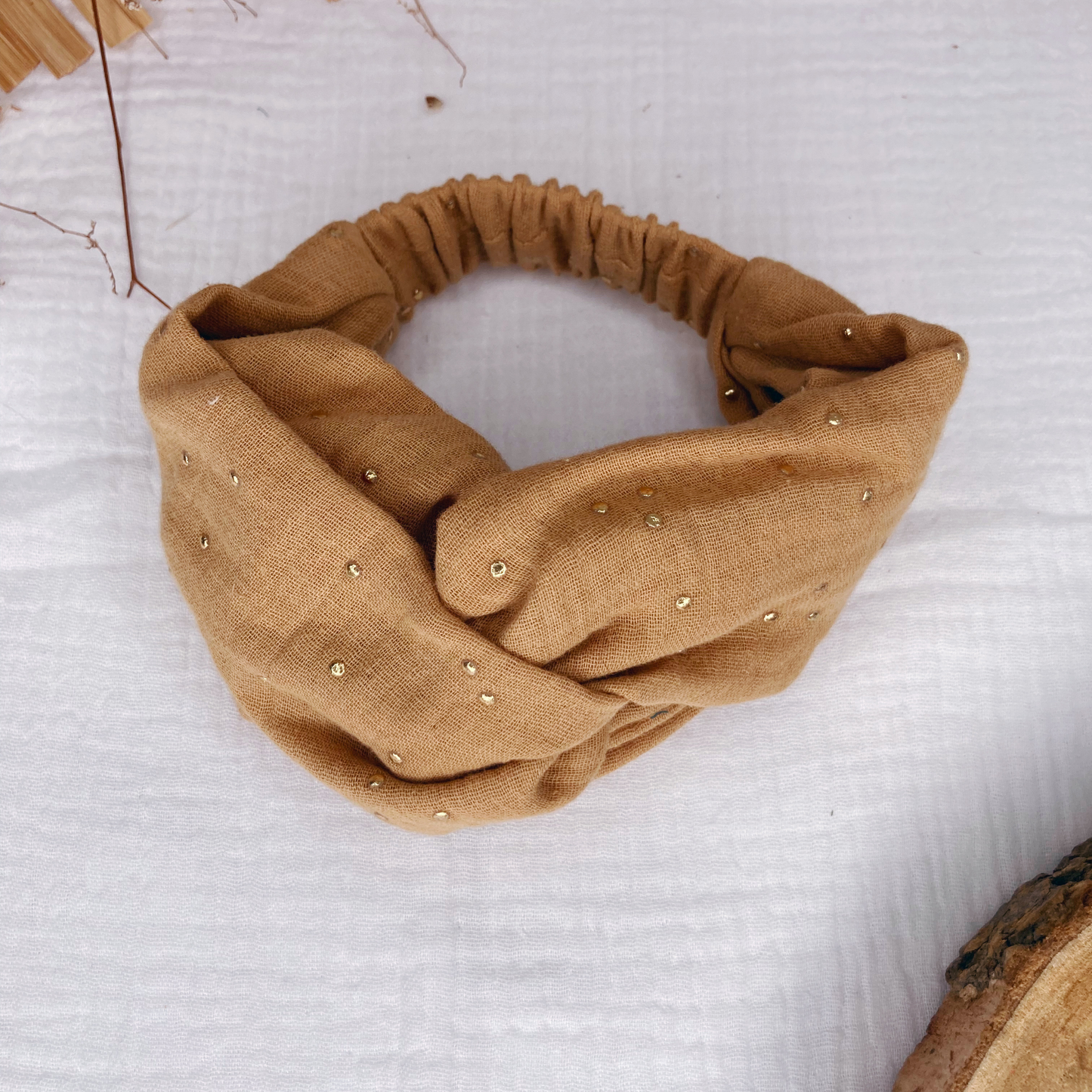 Headband twist naissance - Camel à pois dorés