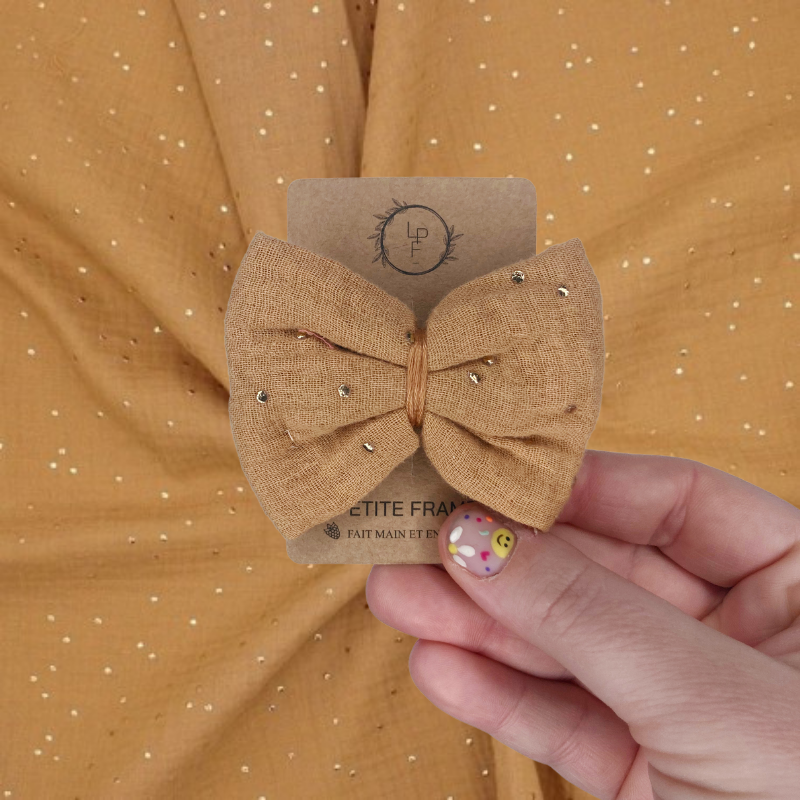 Barrette Nœud - Camel à pois dorés