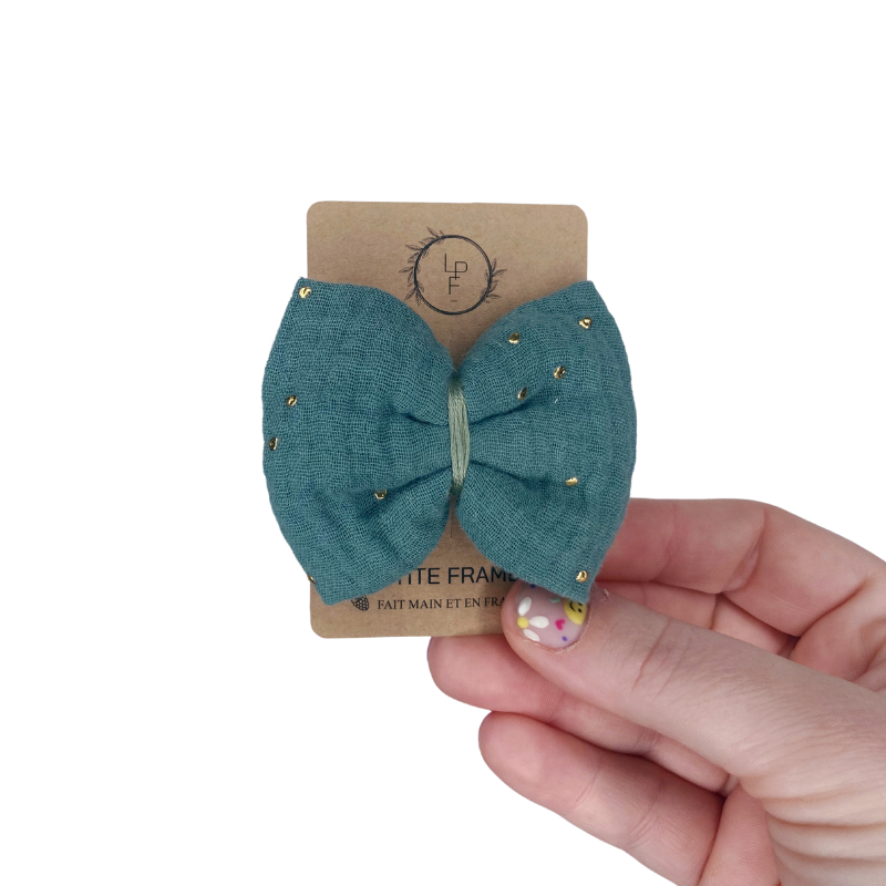 Barrette Nœud - Vert de gris à pois dorés