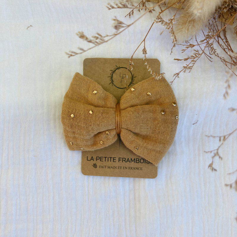 Barrette Nœud - Camel à pois dorés