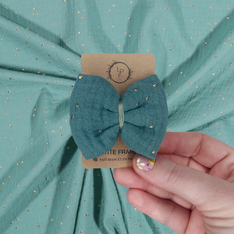 Barrette Nœud - Vert de gris à pois dorés