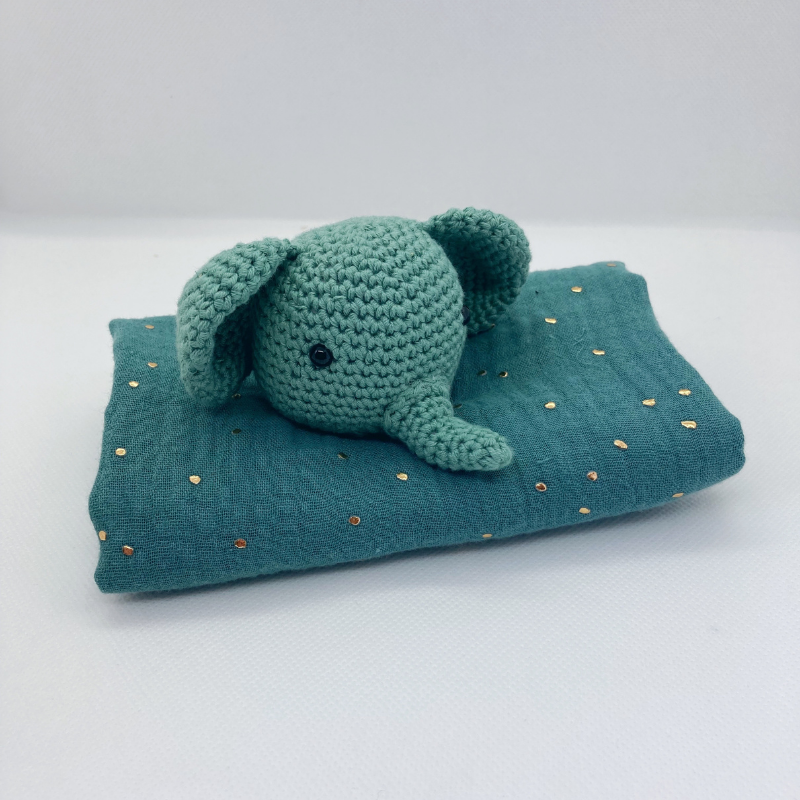 Doudou Élephant - Gaze de coton Vert-de-gris