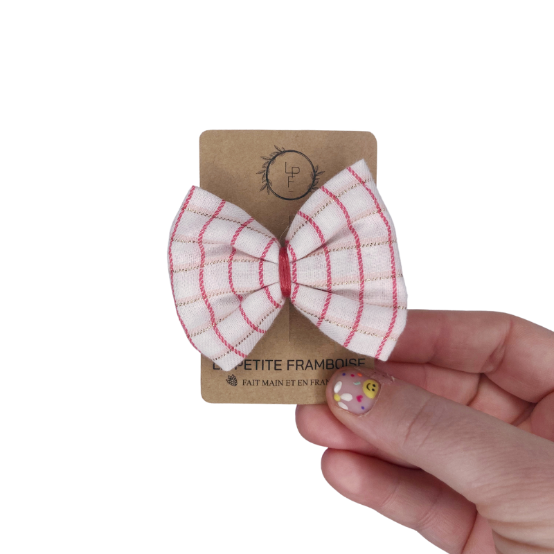 Barrette Nœud - Carreaux rose/doré