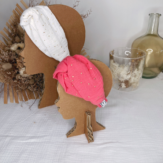 Headband twist naissance - Corail à pois dorés