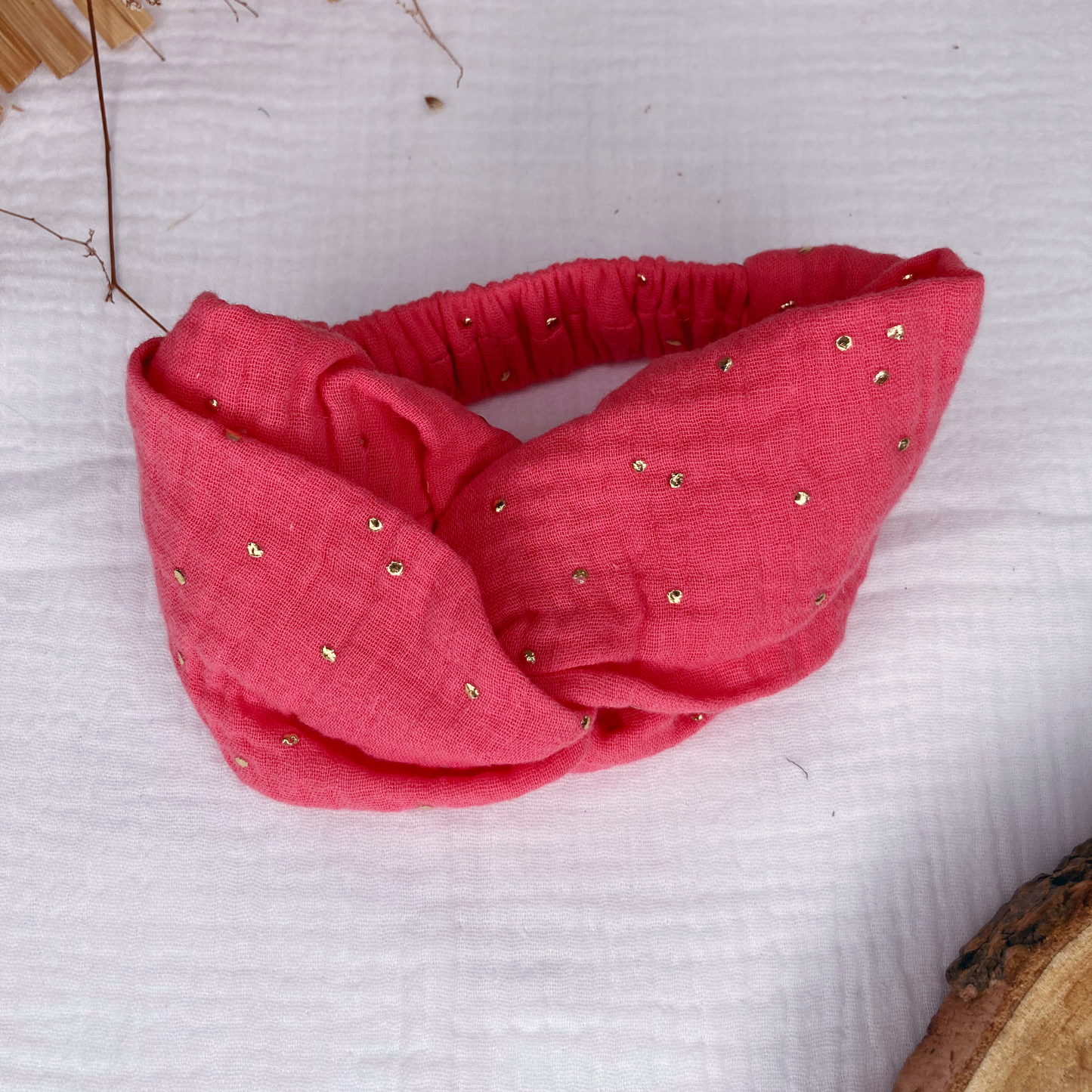 Headband twist naissance - Corail à pois dorés