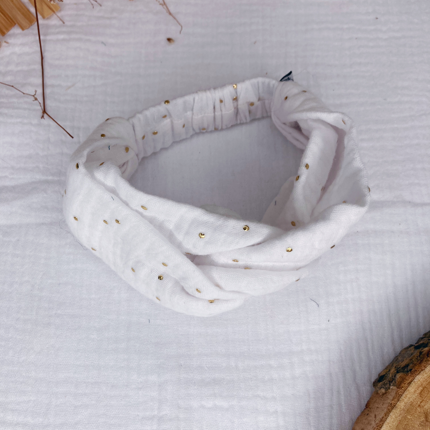 Headband twist naissance - Blanc à pois dorés