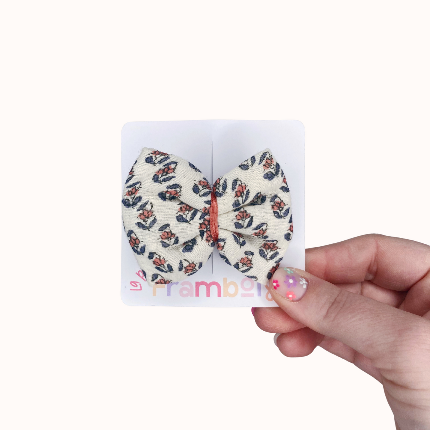 Barrette Nœud - Beige motif fleurs terracota