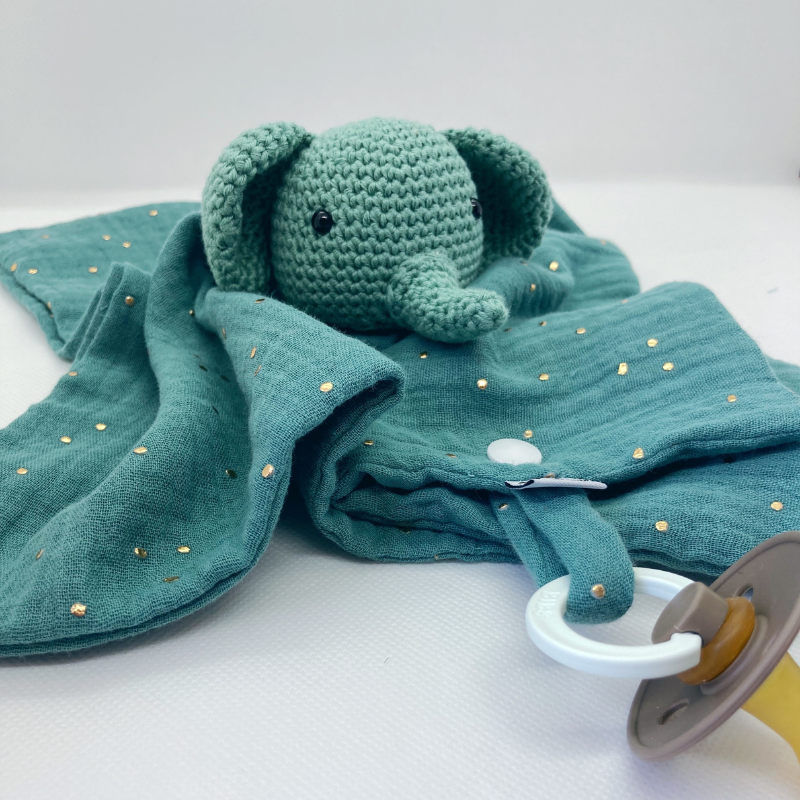 Doudou Élephant - Gaze de coton Vert-de-gris