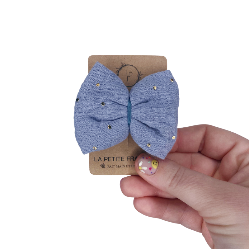 Barrette Nœud - Bleu jean à pois dorés