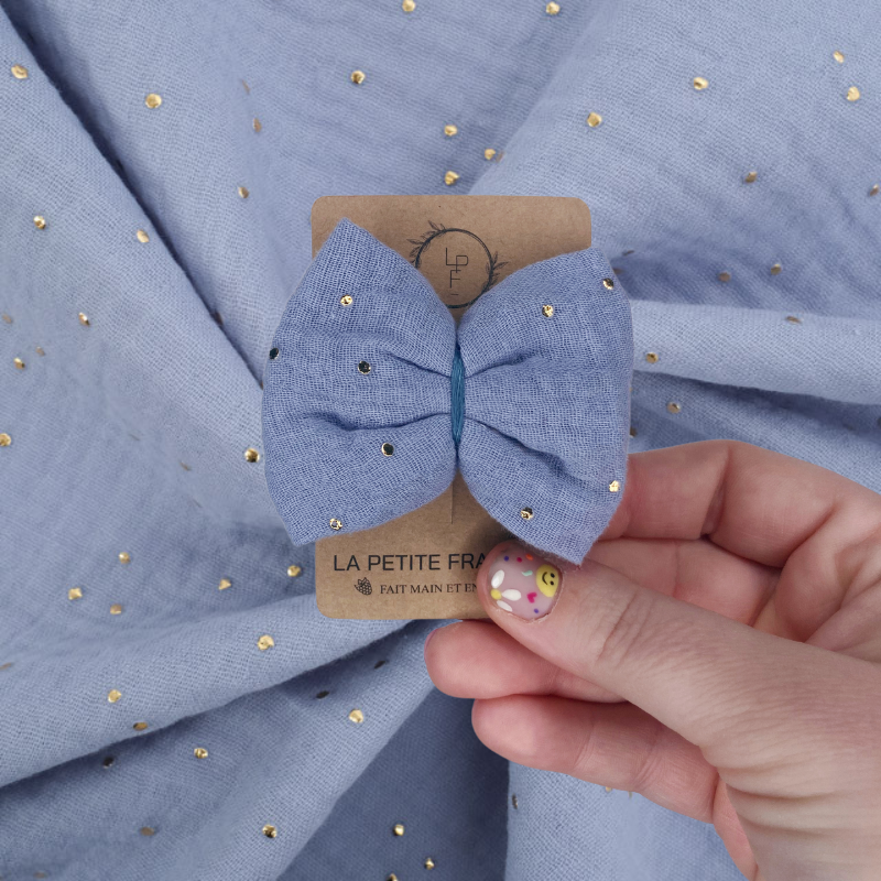 Barrette Nœud - Bleu jean à pois dorés