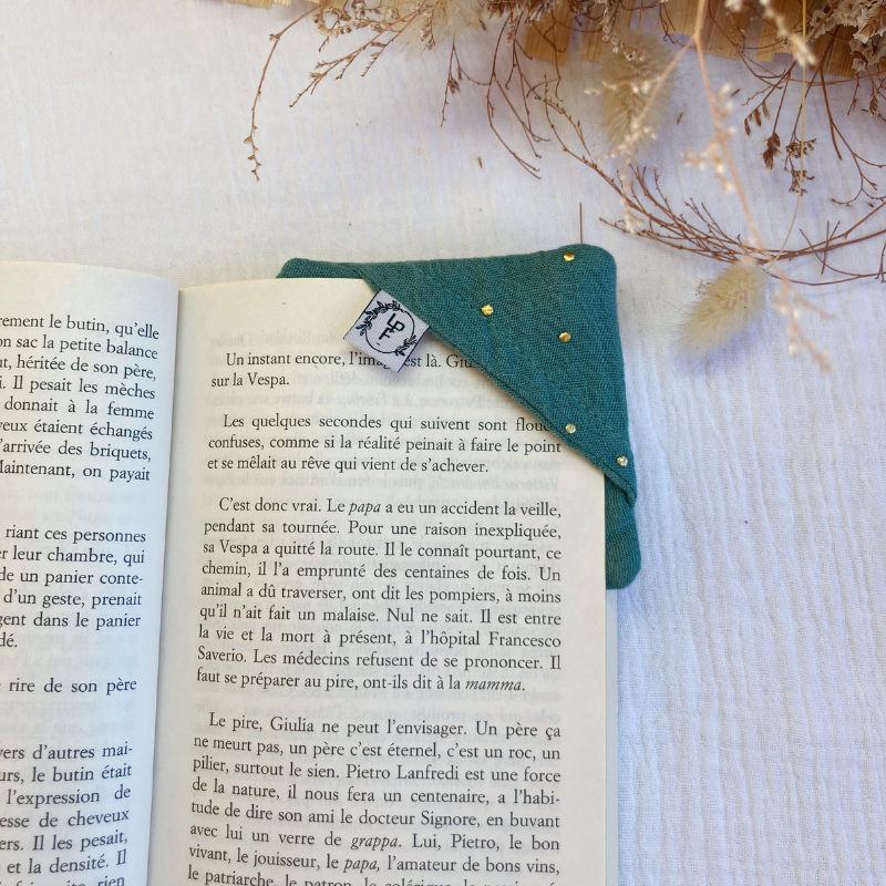 Marque-page d'angle - Vert de gris à pois dorés