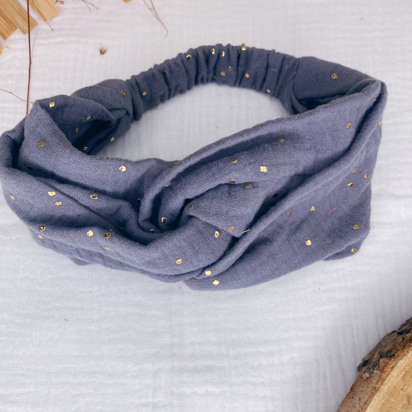 Headband twist enfant - Gris à pois dorés