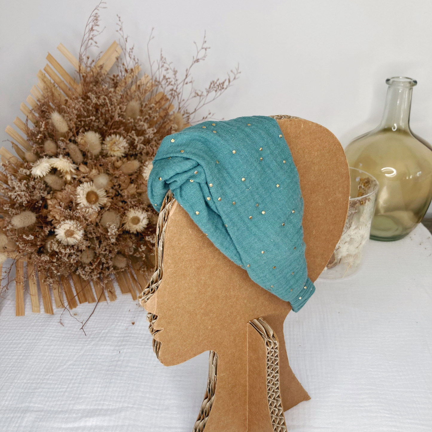 Headband twist enfant - Vert de gris à pois dorés