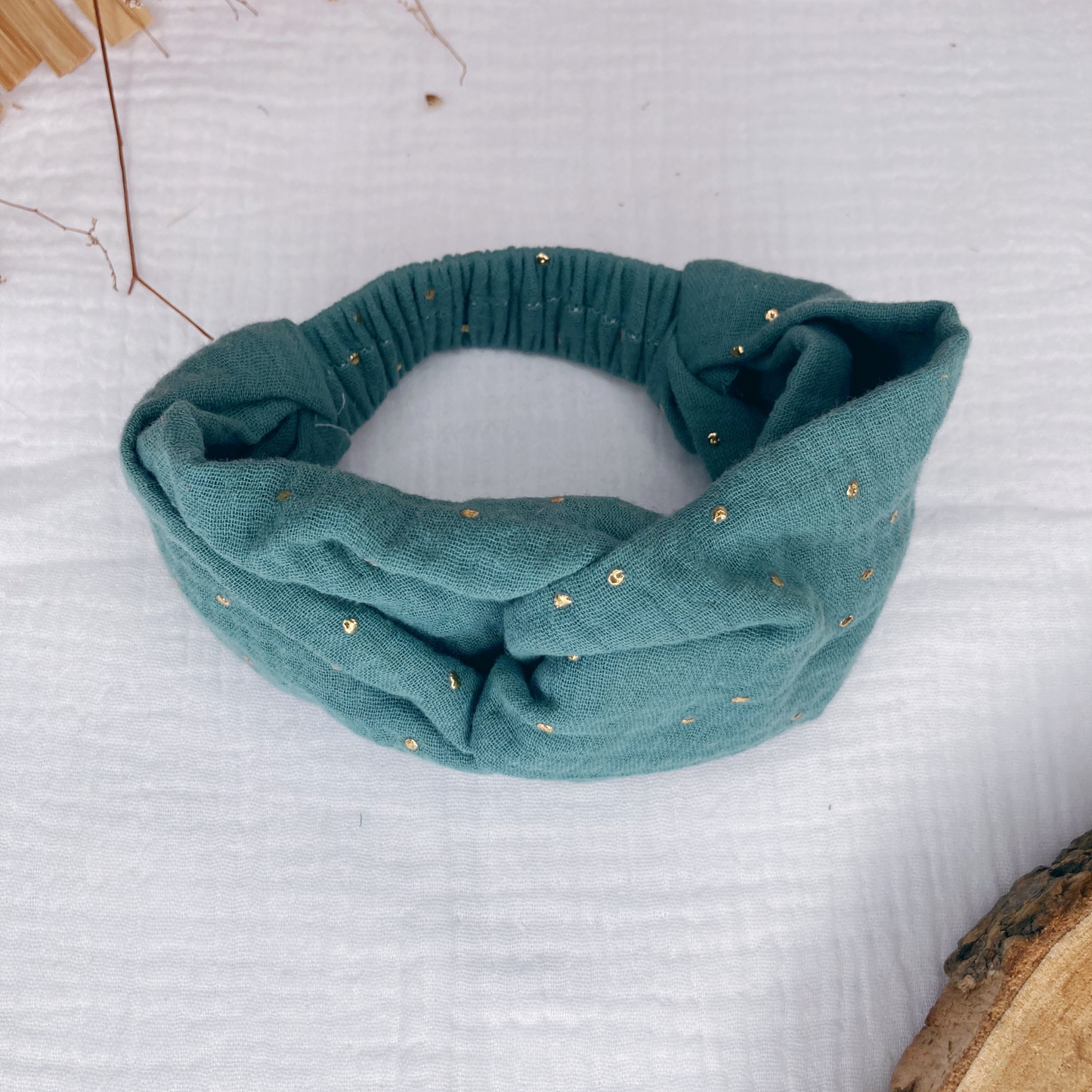 Headband twist enfant - Vert de gris à pois dorés