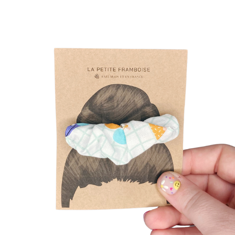 Pince Scrunchy - Blanc carreaux turquoise et teckel