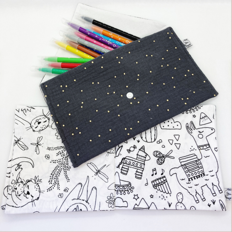 Kit à Colorier Lavable - Gaze de coton Gris à pois dorés - La Petite Framboise