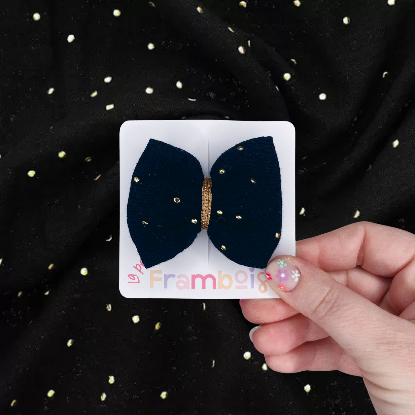 Barrette Nœud - Noir à pois dorés