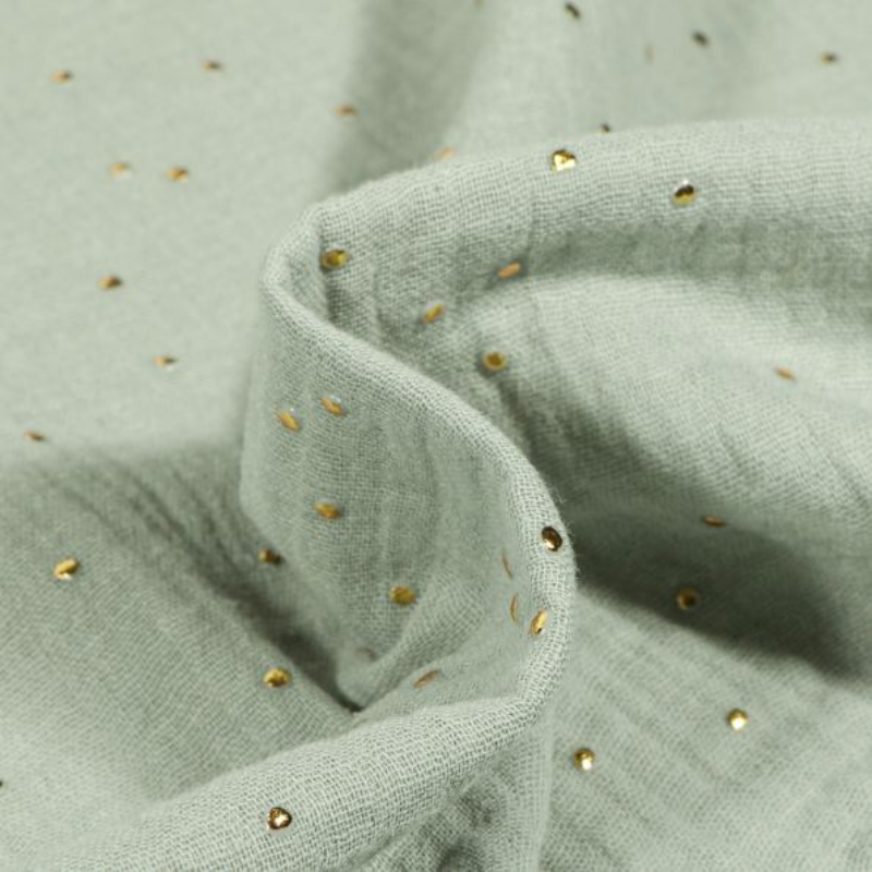 Attache tétine - Gaze de coton Vert d'eau à pois doré