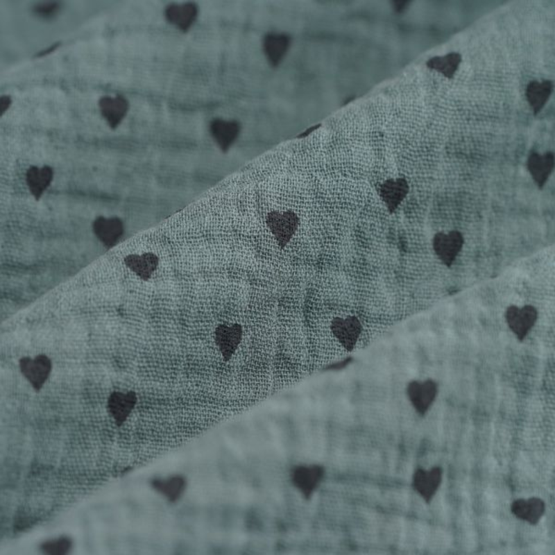 Doudou Chat - Gaze de coton Vert-de-gris / coeur
