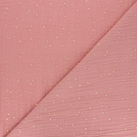 Doudou Cochon - Gaze de coton Rose thé à pois dorés