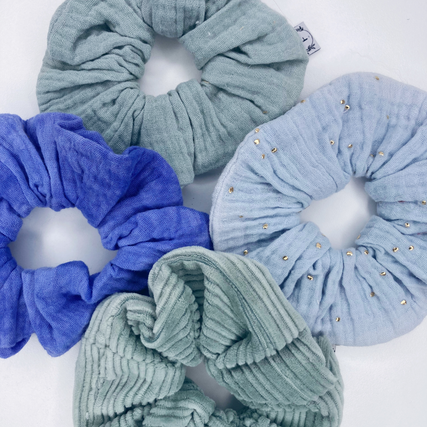 Chouchou Tissu - Bleu glacial à pois dorés