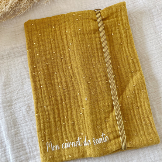 Protège carnet de santé - Gaze de coton Moutarde à pois doré - La Petite Framboise