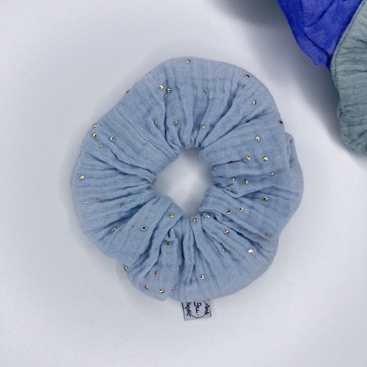 Chouchou Tissu - Bleu glacial à pois dorés