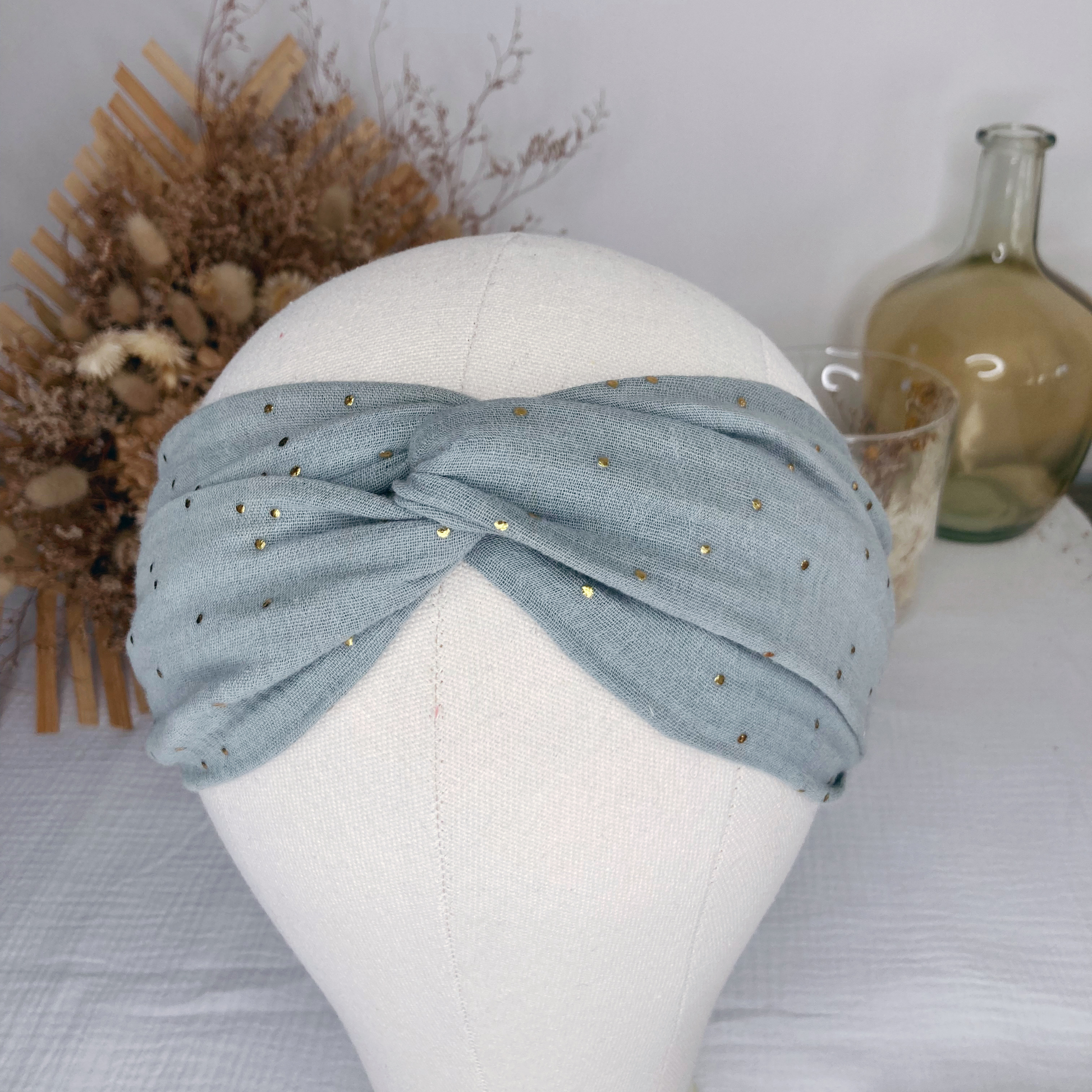 Headband twist adulte - Vert d'eau à pois dorés - La Petite Framboise
