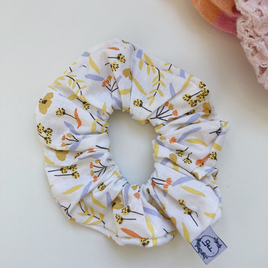 Chouchou Tissu - Blanc à fleur jaune et bleu