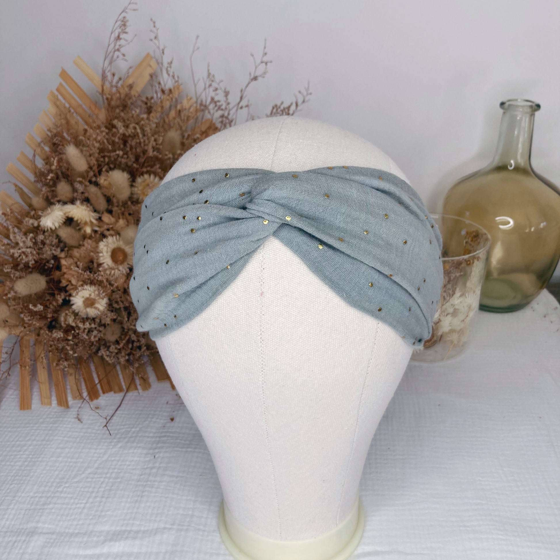 Headband twist adulte - Vert d'eau à pois dorés - La Petite Framboise