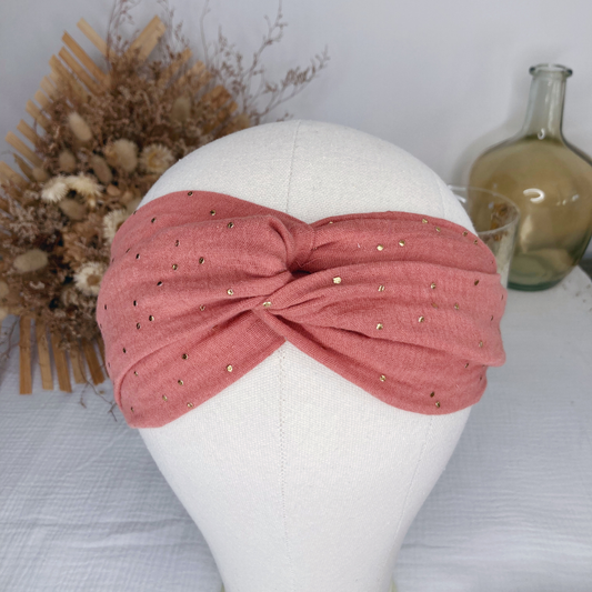 Headband twist adulte - Marsala à pois dorés