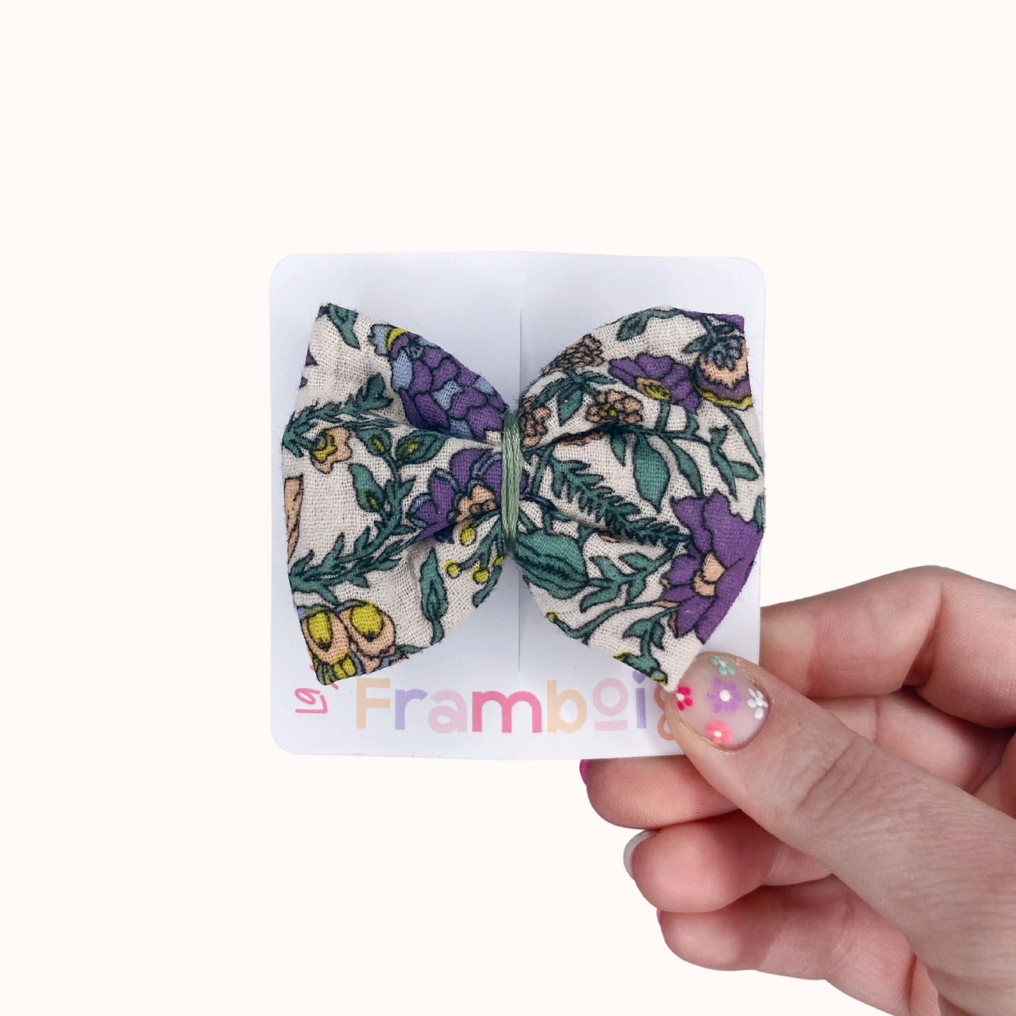 Barrette Nœud - Beige motif fleurs violettes