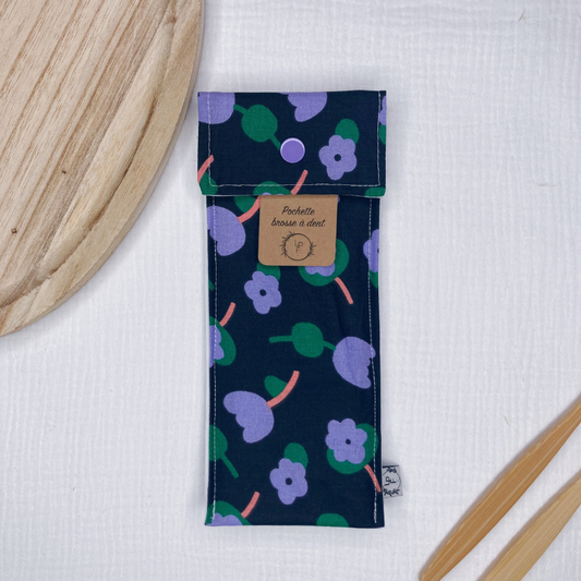 Pochette à Brosse à Dents Imperméable - Noir à fleur violette - La Petite Framboise