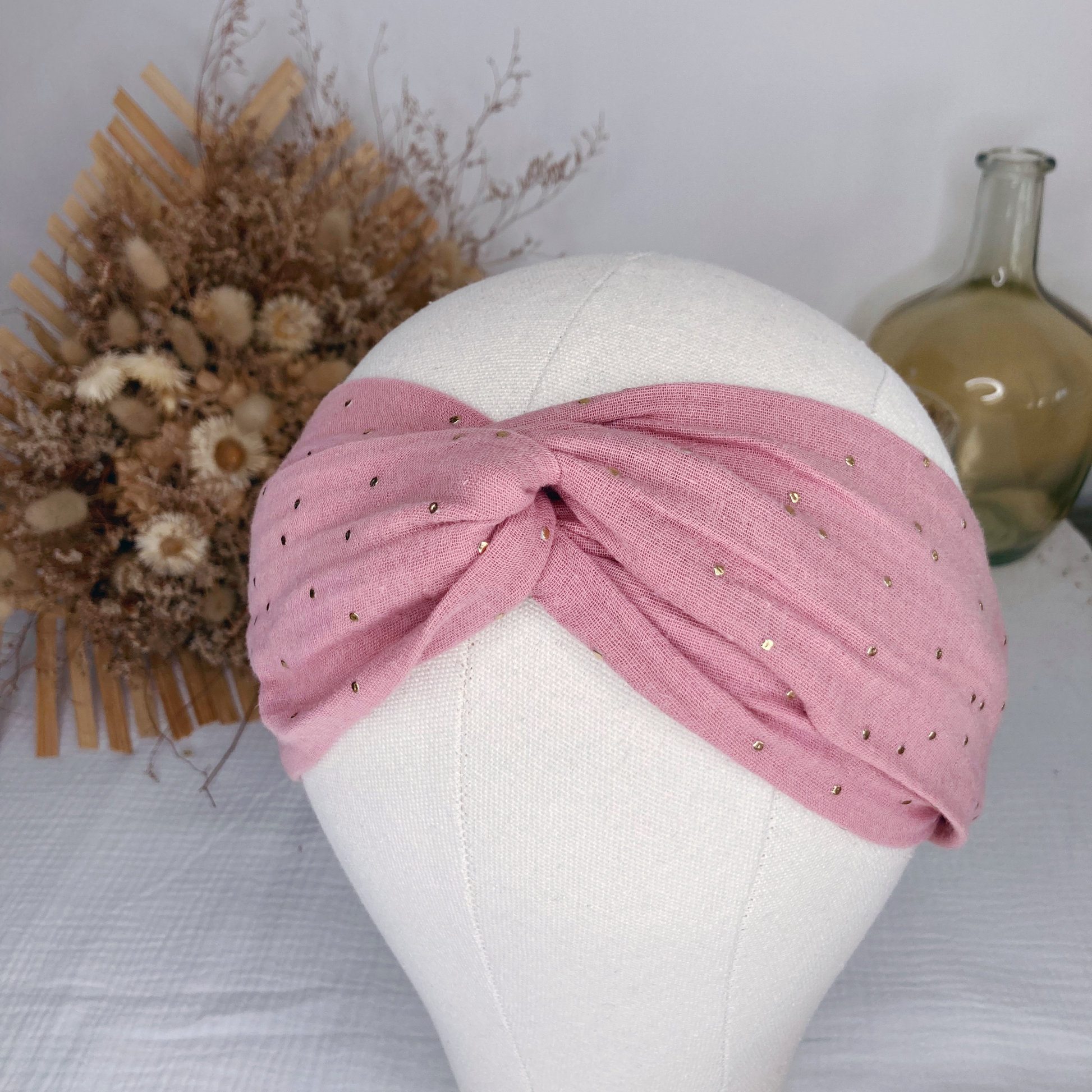 Headband twist adulte - Rose thé à pois dorés - La Petite Framboise