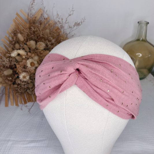 Headband twist adulte - Rose thé à pois dorés